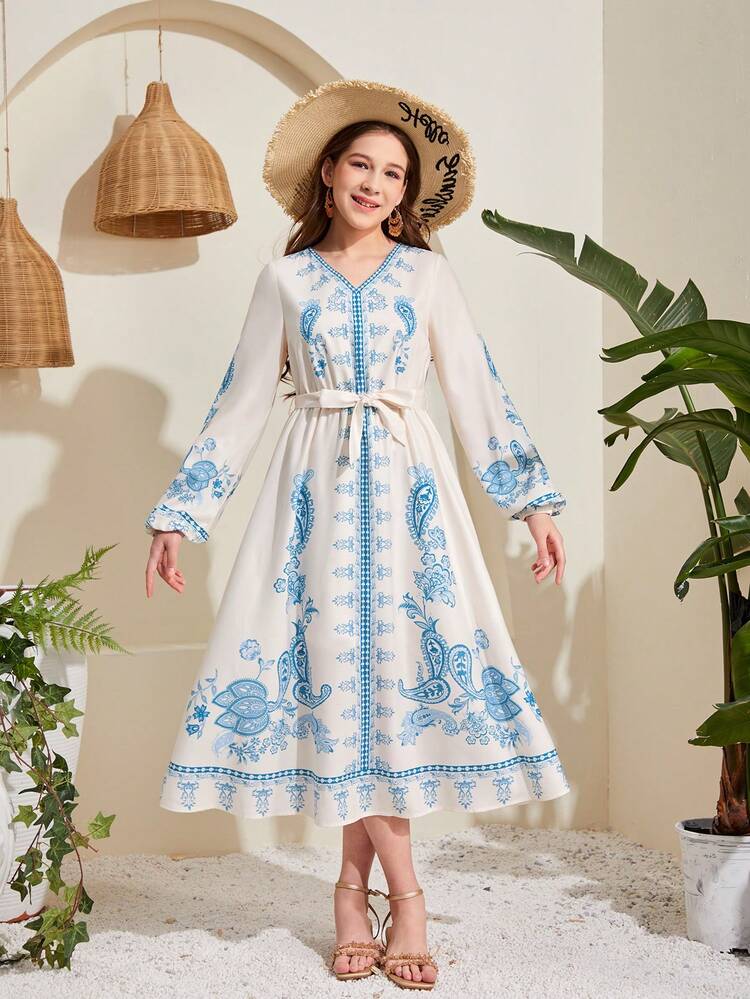 Teen Girl's Woven Paisley Bohemian Printed Waist Belted V-Neck Dress