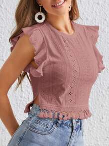 SHEIN VCAY Camiseta Con Bordado Hueco Y Flecos En El Dobladillo - Rosa vieja - Ver 4