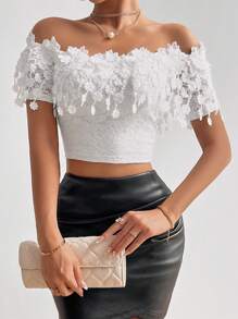 SHEIN Privé Ren Off Shoulder Sọc Áo - trắng - Xem 4