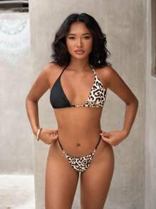 SHEIN Swim Summer Patchwork Leopard Print Halterneck Bikini Set - Multicolor - View 3