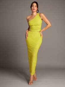 SHEIN BAE Green One-Shoulder Textured Slim-Fit Women's Top