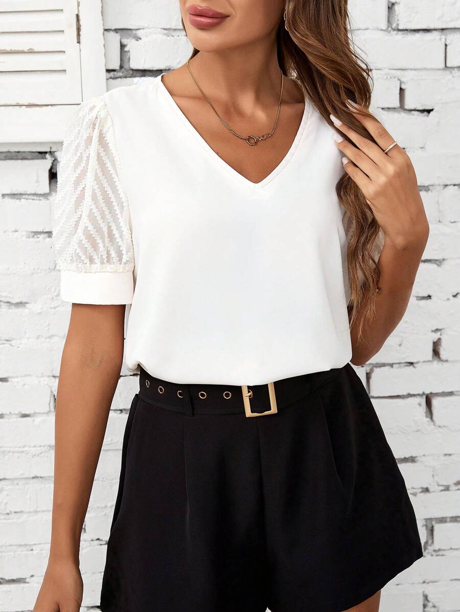 SHEIN Clasi 女裝透明網紗泡泡袖v領襯衫 - 杏色 - 查看 1