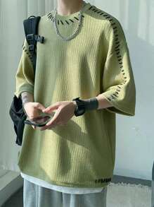 Claim Dot 男士T卹寬鬆圓領垂肩短袖休閒韓國時尚夏季針織上衣 - 綠色 - 查看 3