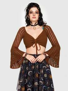 ROMWE Hippie Front Tie Flare Sleeve Eyelet Knitted Sweater - Rust Brown - View 4