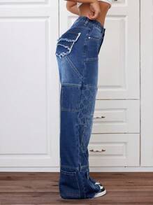 SHEIN EZwear Embroidered Zipper Fly Denim Wide Leg Pants - Medium Wash - View 3