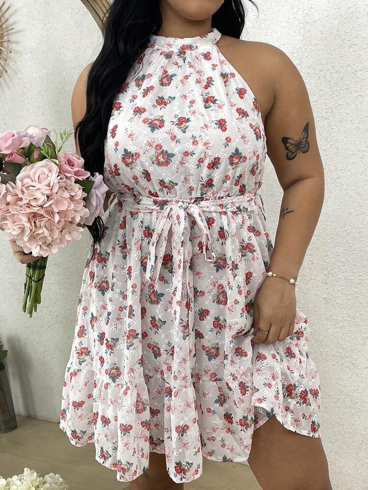 Plus Size Women's Floral Print Halter Neck Dress