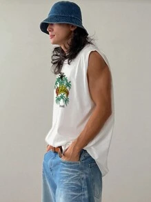 DAZY Men Coconut Tree & Letter Print Summer Tank Top - White - View 2