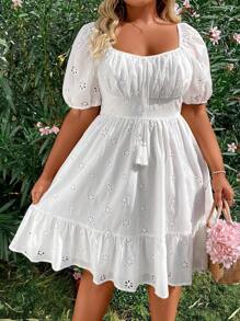 Sunnyshic Plus Size Elegant Pleated Chest Cutout Embroidered Dress Vacation Beach Outfits Women