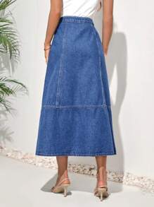SHEIN LUNE Women's Solid Color Button Front Denim Skirt - Medium Wash - View 2