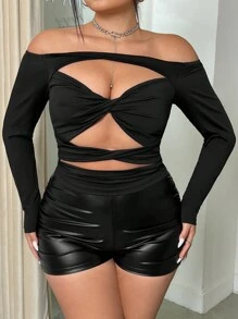 SHEIN ICON Plus Size Off Vai Knot & Chi tiết khoét rỗng Áo lò xo màu đen - màu đen - Xem 2