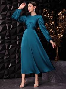 Modelyn 女士纯色圆领灯笼袖阿拉伯连衣裙，优雅晚宴派对长款端庄长袖连衣裙 - 綠色 - 查看 5