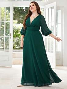 UNITHORSE Plus Size Deep V Neck Long Sleeve Pleated Chiffon Formal Dress - Dark Green - View 6