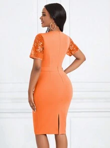 SHEIN Lady Của phụ nữ Surplice cổ Kim sa Vá lại Đầm - trái cam - Xem 2