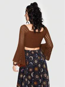 ROMWE Hippie Front Tie Flare Sleeve Eyelet Knitted Sweater - Rust Brown - View 3