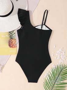 SHEIN Teenage Girls' Solid Color One-Piece Swimsuit With Asymmetrical Neckline, Cap Sleeves And Pleated Design