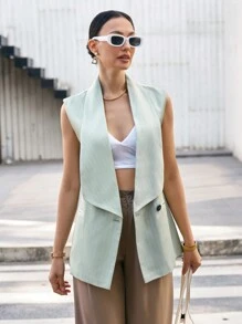 GENKIRA Sleeveless Vertical Striped Suit Vest With Lapel Collar - Green - View 1