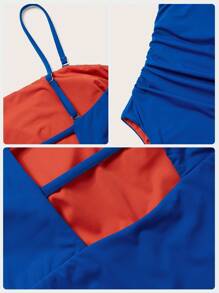 Swim Vcay 女式側卷邊單肩泳衣,開放式背部,適用於嘉年華 - 藍色 - 查看 8