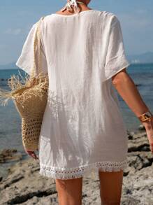 Swim Vcay 夏季海灘女士流蘇邊短袖遮陽衣