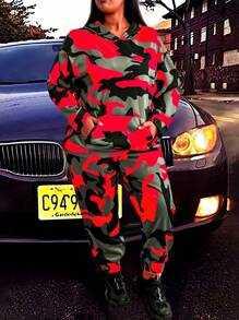 EMERY ROSE Women's Plus Size Camouflage Print Hooded Two-piece Set - Multicolor - View 1