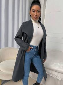 EURMUSE Waterfall Collar Dual Pocket Belted Overcoat - Dark Grey - View 3