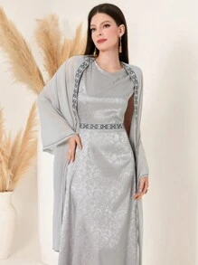 女士无袖圆领连衣裙配纯色披肩两件套 - 淺灰色 - 查看 7