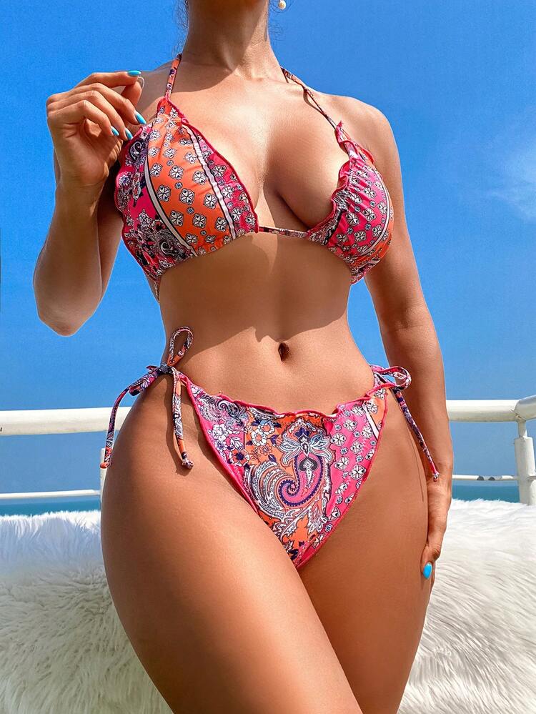 Women's Paisley Print Halter Neck Two-Piece Bikini Set Summer Beach