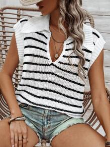 SHEIN Frenchy Sọc Thủ công Dệt kim Tay áo mũ Áo len vest - Đen và trắng - Xem 1