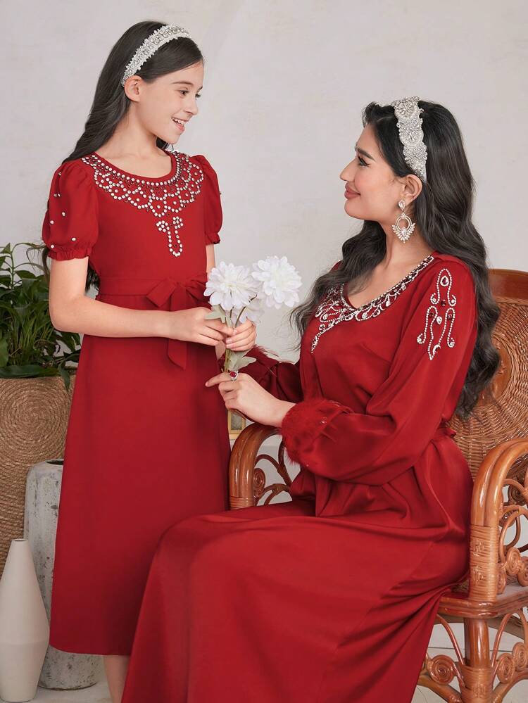 Burgundy Red 1pc Women's Fuzzy Cuff Dress With Rhinestone Decor, Necklace Not Included Long Evening Dresses