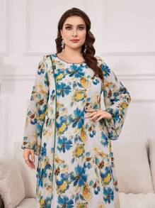 Al Najma 帶有花卉印花和鐘形袖的大碼阿拉伯服裝 - 彩色 - 查看 4