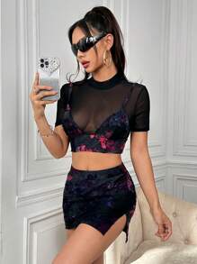 SHEIN ICON 網布面板花紋短上衣和裙子套裝 - 黑色 - 查看 3
