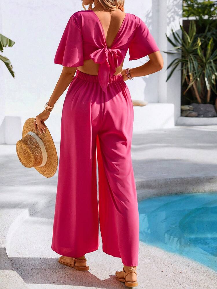 Women's Deep V-Neck Backless Tie Waist High Slit Wide Leg Jumpsuit