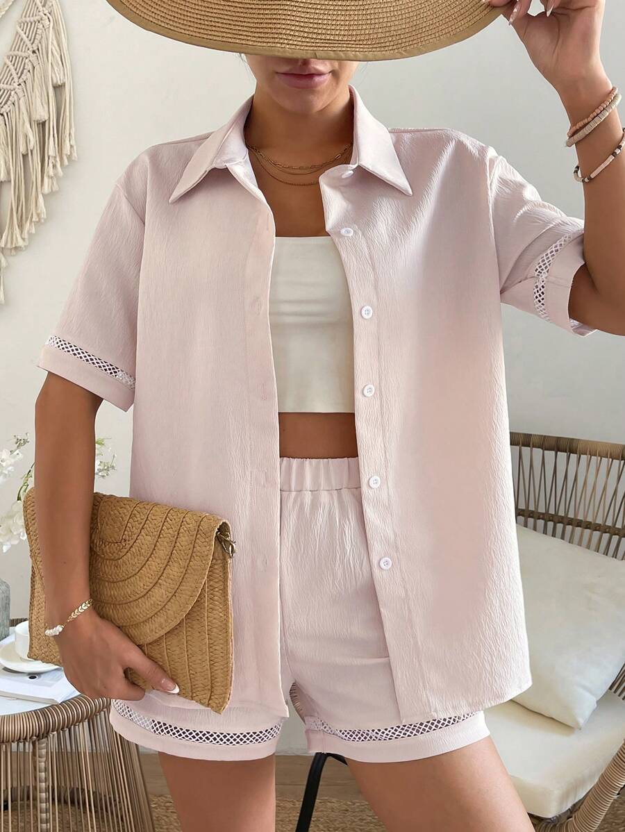 Breezaya Women's Casual Solid Color Two Pieces Outfit With Fishnet Splicing - Apricot - View 1