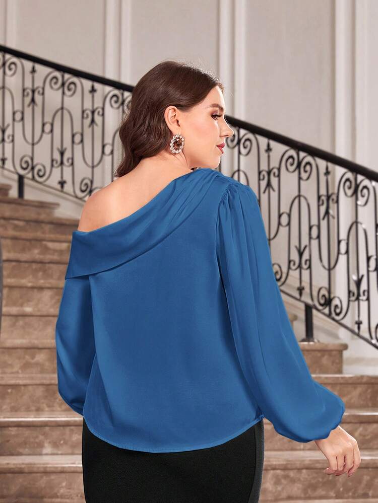 Plus Size Asymmetric Collar Lantern Sleeve Blouse