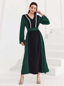 Al Najma Color Block Weaving Belt Patchwork Flare Sleeve Dress