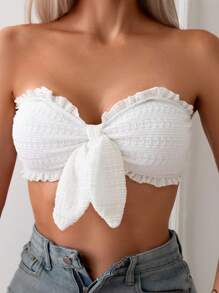 Swim Mod Top de bikini sin tirantes para mujer con detalle de nudo para playa de verano - Blanco - Ver 5