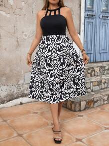 SHEIN Holidaya Của phụ nữ Kích thước lớn In Vá lại Xu hướng: Cắt giảm Đầm - Đen và trắng - Xem 3