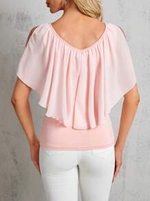 SHEIN Clasi Camiseta De Hombro Frío Y Plisado De Color Solido Para Mujeres - Rosa - Ver 2