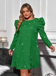 SHEIN Clasi Kích thước lớn Của phụ nữ Kết cườm Tay áo chân cừu Đầm - màu xanh lá - Xem 5