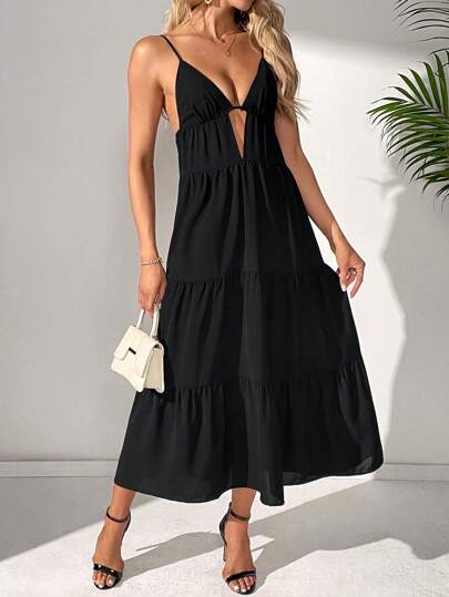 SHEIN Tall Solid Color Hollow Out Hem Ruffle Spaghetti Strap Dress