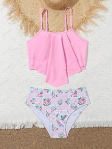 Tween Girls' Solid Color Cami Bikini Set With Ditsy Floral Print & Triangle Bottom - Multicolor - View 3