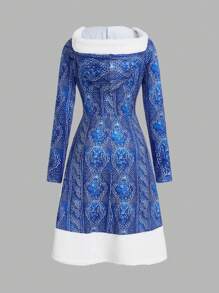 SHEIN Unity Women's Plush Hooded Dress With Patchwork Design And Front Ties - Blue - View 2