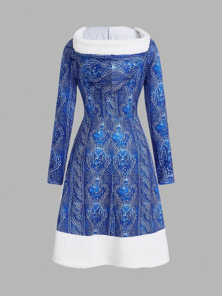 Women's Plush Hooded Dress With Patchwork Design And Front Ties