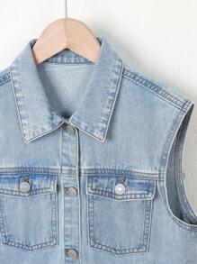 青少年男童牛仔背心短褲套裝,設有翻領 - 淺色水洗藍 - 查看 4