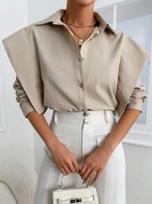 EURMUSE Damen Einfarbiges Langarmshirt - Khaki - Übersicht 2