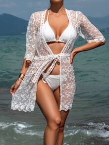 Swim Vcay Của phụ nữ Màu thuần Lưới Kimono Áo len Mở - trắng - Xem 3