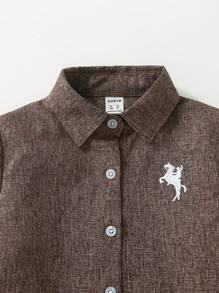 SHEIN Trẻ Con trai Sọc Ruy băng Và Thêu Áo sơ mi - Cà phê nâu - Xem 4