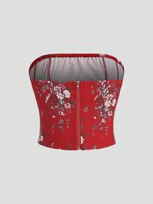 SHEIN Unity Top Corset Impreso Estilo Chino, Sin Tirantes, Con Soporte Del Sujetador Con Aros - Rojo - Ver 2