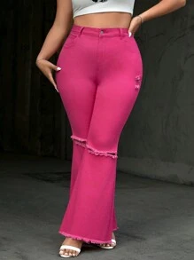SHEIN Essnce Plus Size Y2k Style Distressed Elastic Pink Denim Flare Pants, Great For Vacation Or Valentine's Day - Pink - View 4