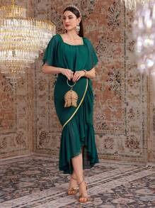 Modelyn Váy cổ vuông viền bất đối xứng cho nữ, Đầm dự tiệc buổi tối thanh lịch - màu xanh lá - Xem 7