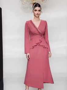 Modelyn Conjunto de 2 piezas de blusa de manga larga con volantes y falda de parches